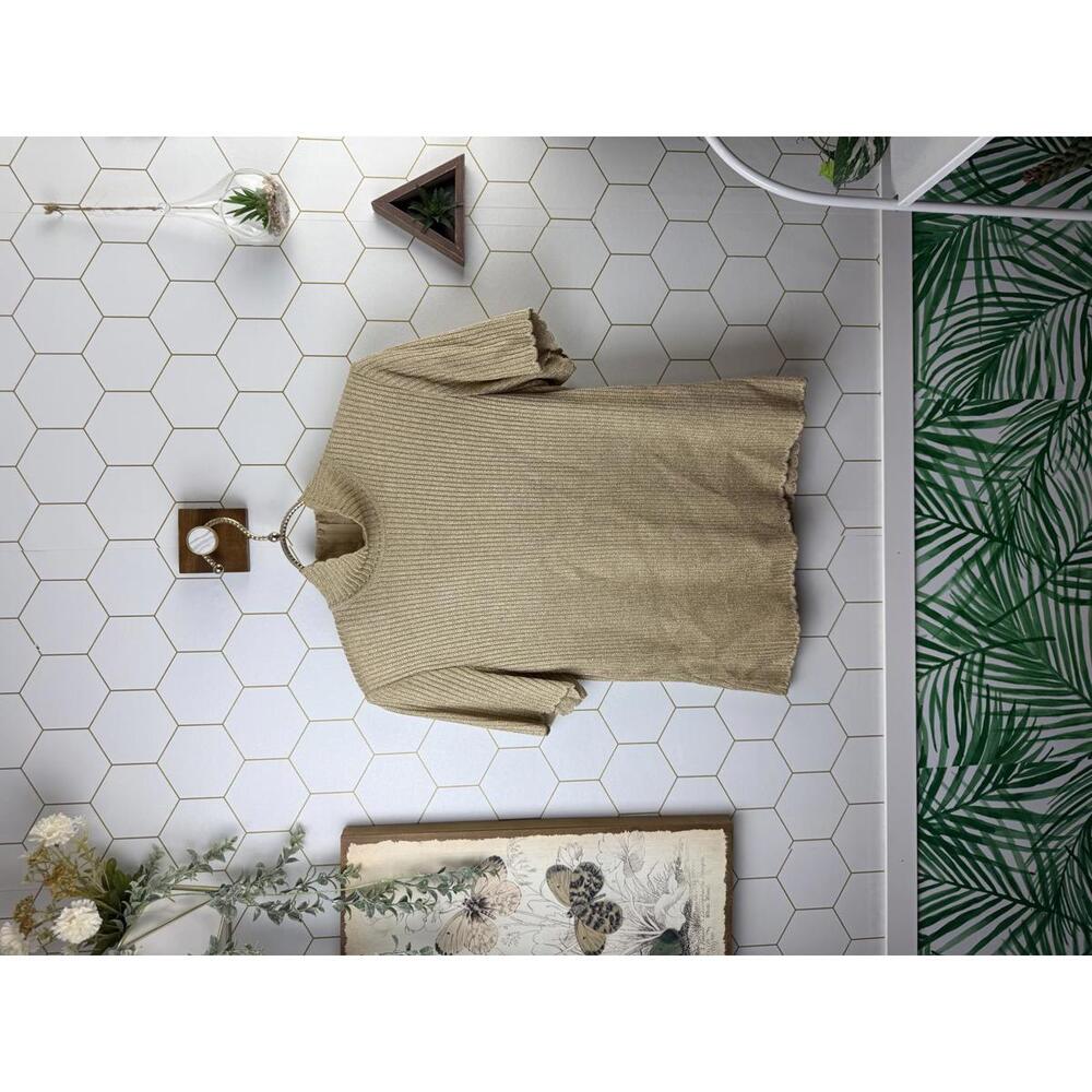St John Basics Vintage Gold Ribbed Knit Mockneck Short Sleeve Top - Size - Small